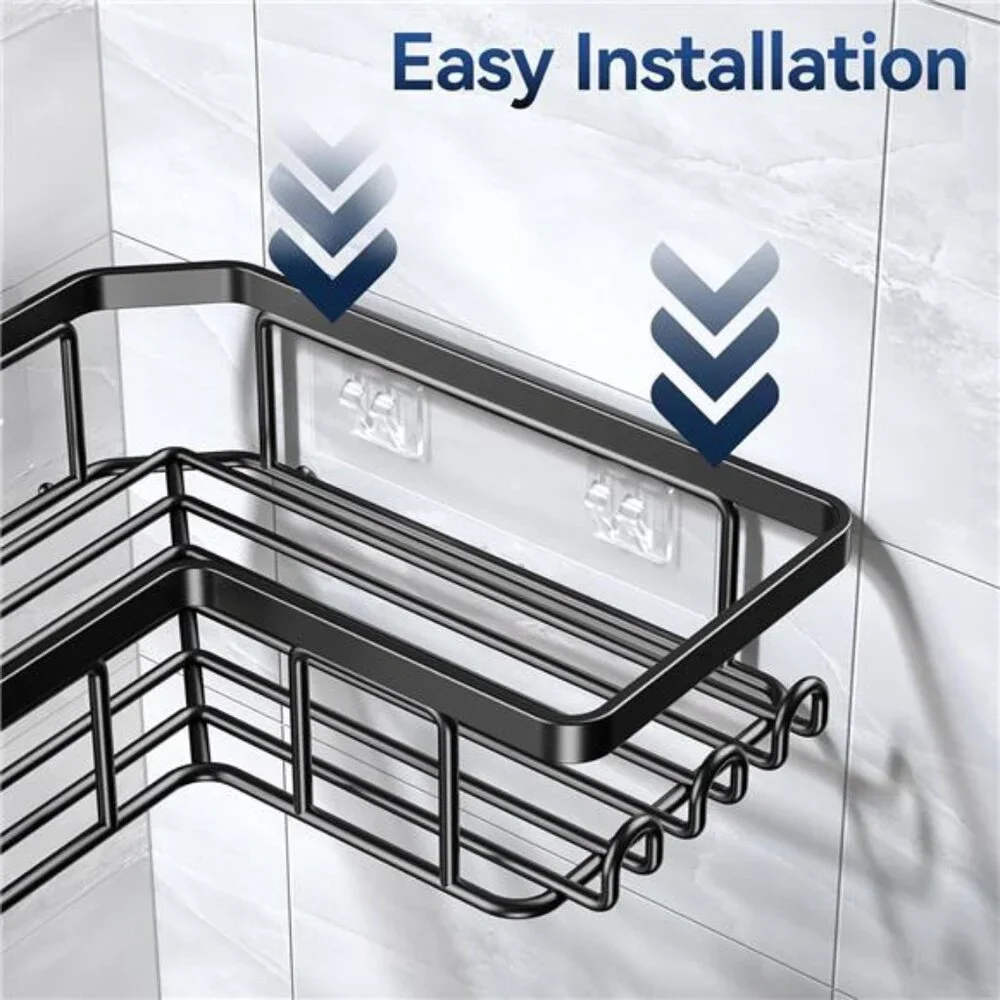 Corner Adhesive Shower Caddy, with Soap Holder and 12 Hooks, Rustproof